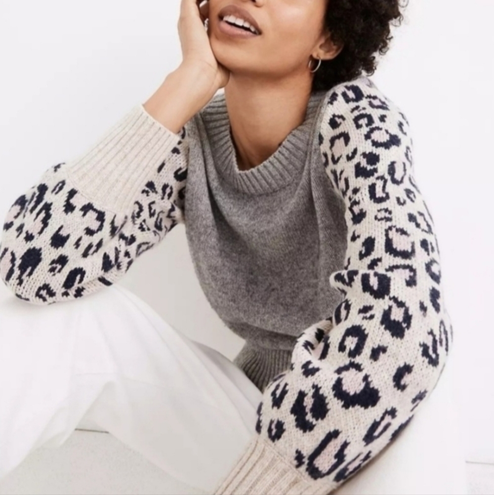 Madewell Leopard-Sleeve Tensley Pullover Sweater in Cotton-Merino Yarn.